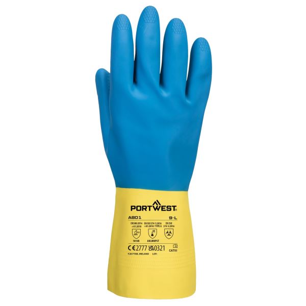 Portwest Yellow Blue Double Dipped Latex Gauntlet 