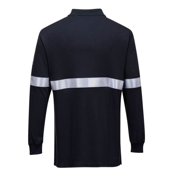 Portwest Navy Flame Resistant Anti-Static Long Sleeve Polo Shirt with Reflective Tape 